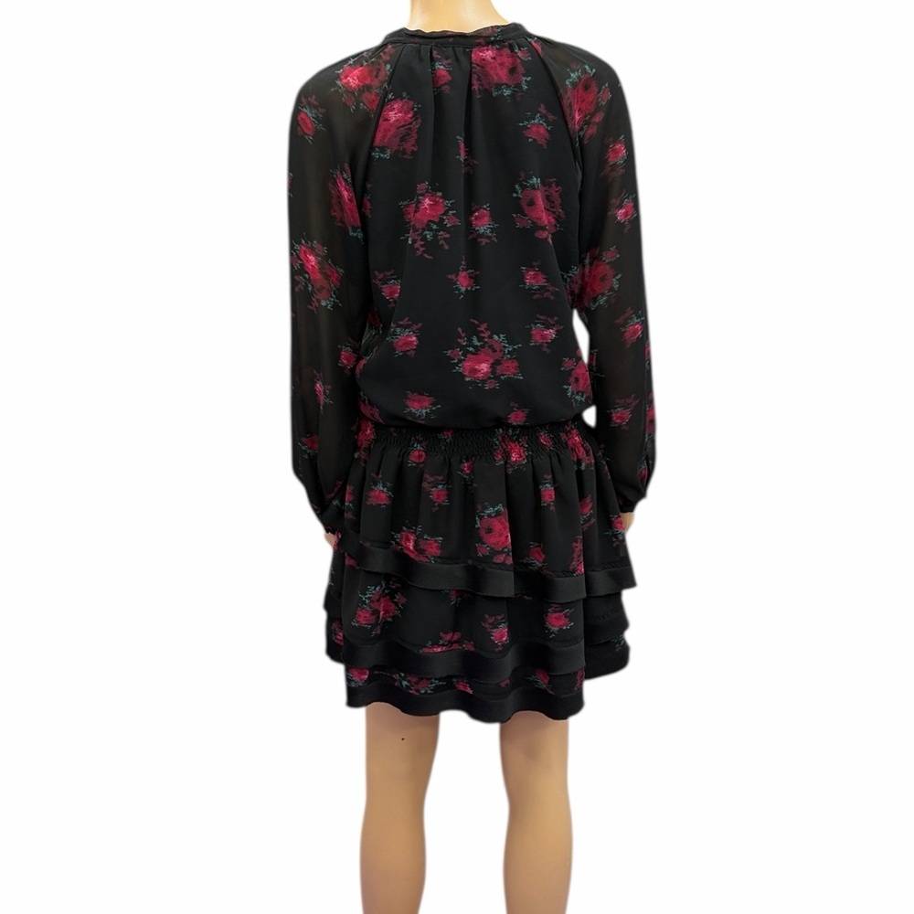 Sam Edelman Floral Chiffon Tiered Mini Dress Black Pink Womens Medium - Picture 2 of 9